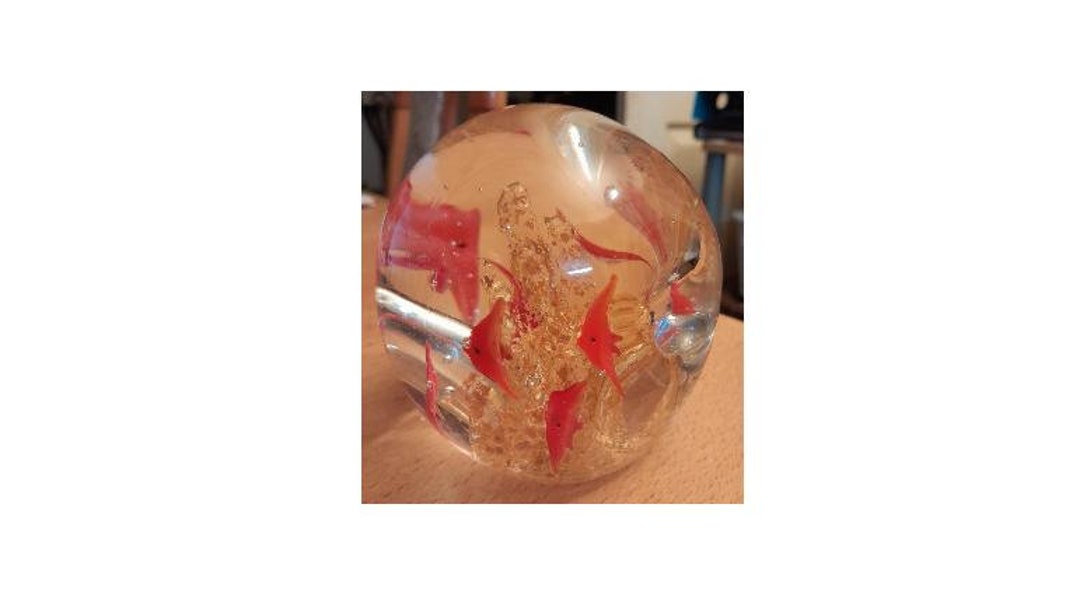 Large Glass Paperweight Clear to Orange With Angel Fish and Golden ...