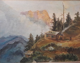 Framed Oil-on-Board Log Cabin Mountain Scene Signed J F L 1912 21&quot;x16.5&quot;