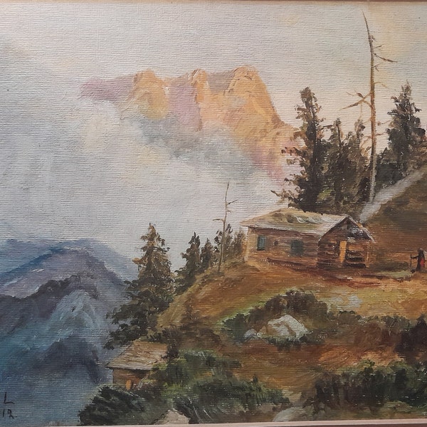 J F L Framed 1912 Oil-on-Board Log Cabin Mountain Scene Signed 21"x16.5"