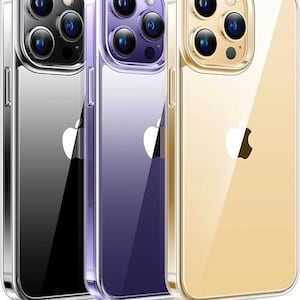 May include: Three clear phone cases for an iPhone. The cases are in black, purple, and gold.