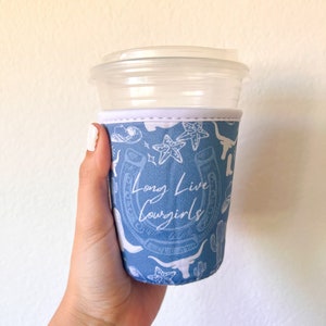 Long Live Cowgirls Coffee Sleeve, coastal cowgirl, denim western pattern, cowgirl boot, star fish, hat western, coffee sleeve, drink sleeve