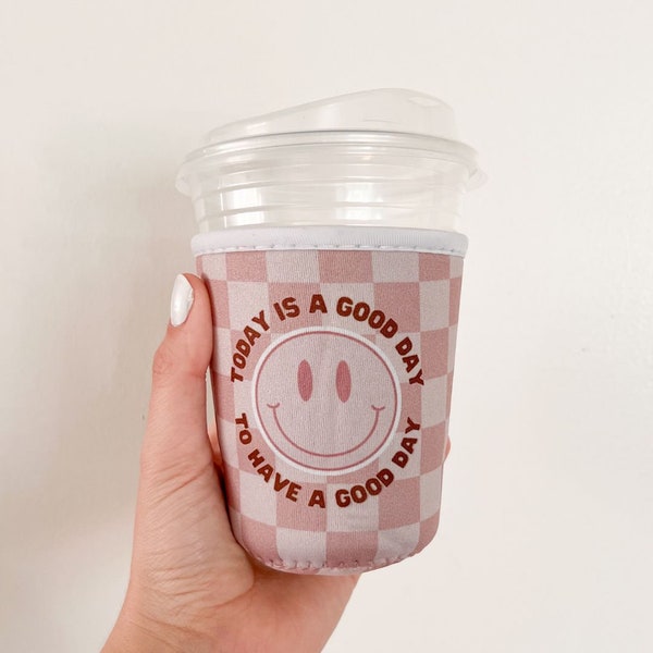 Today is a Good Day to Have A Good Day, Happy Face Checkered Beige Iced Coffee Sleeve