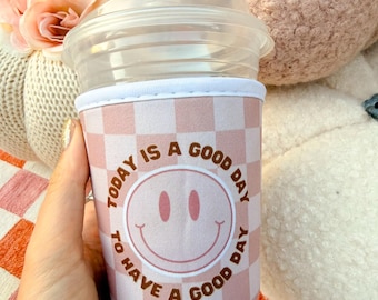 Today is a Good Day to Have a Good Day Smiley Coffee Sleeve, Happy Face + Beige Checkered Design