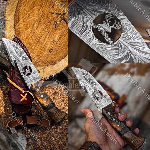 Unique Handcrafted Damascus Steel Knife with Stag Horn Antler Handle Exquisite Artistry for Discerning Collectors & Outdoors Enthusiasts
