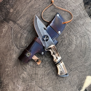 Handmade D2 Steel Antler Handle Hunting Knife with Leather Sheath
