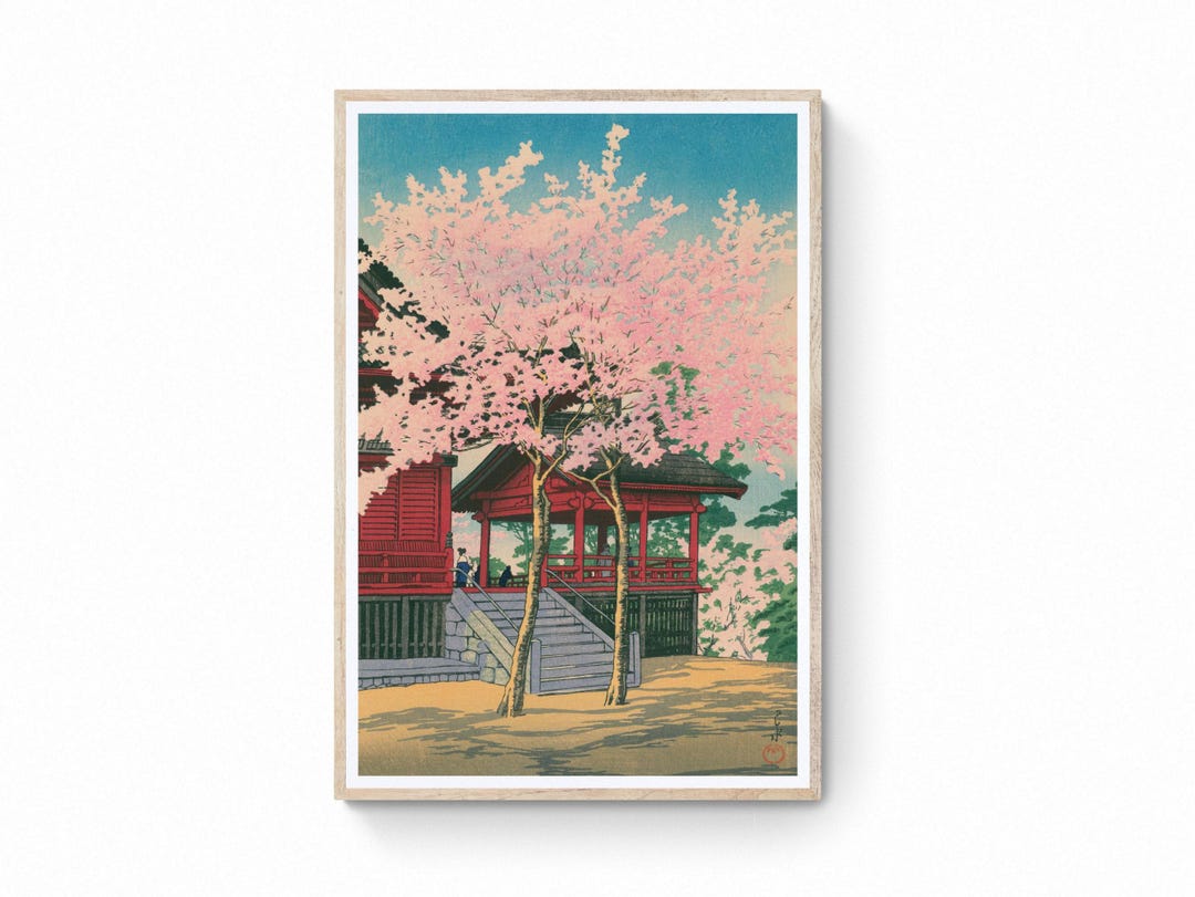 川瀬巴水清水堂の版画、日本の桜の花を描いた木版画｜日本の壁掛け