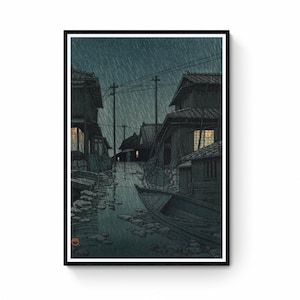 Japanese Art Print -  Evening Rain at Kawarago by Kawase Hasui, Japanese Wood Block Canvas Wall Art Print Giclee on Canvas, giclée art print