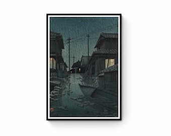 Japanese Art Print -  Evening Rain at Kawarago by Kawase Hasui, Japanese Wood Block Canvas Wall Art Print Giclee on Canvas, giclée art print