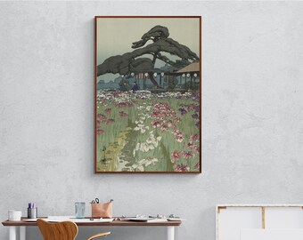 Japanese Iris Garden Canvas Print, Vintage Floral Woodblock Art, Asian Landscape Reproduction