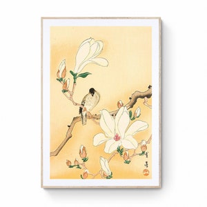 Japanese Bird on Magnolia art print | floral print | japanese art | art print | botanical art | flower art | canvas wall art | vintage art