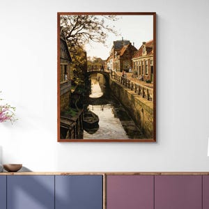 Vintage Cityscape Painting, Antique Architecture Art Print, Canal Painting, Village Art Print, Moody Rustic Art, Printable Art, Digital Art