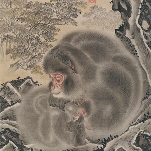 Monkeys canvas art print wall art, Japanese macaques, Mountain macaque painting, Antique Animal wall art, Vintage Animal poster image 3
