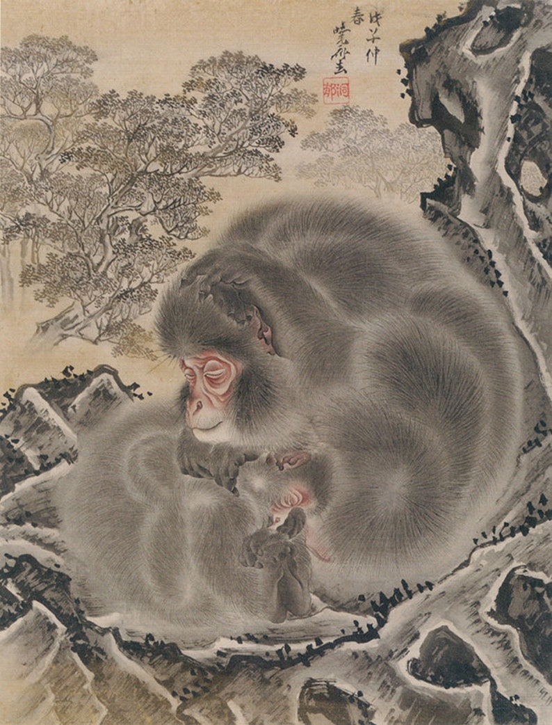 Monkeys canvas art print wall art, Japanese macaques, Mountain macaque painting, Antique Animal wall art, Vintage Animal poster image 3