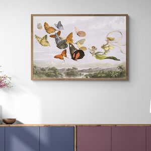 アンティークな童話イラストのキャンバスプリント、妖精のウォールアート、妖精のアートプリント、蝶、子供部屋の装飾アート