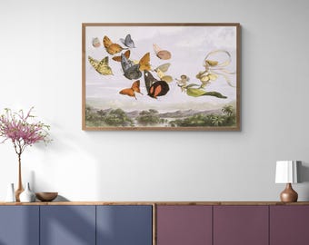 Antique Fairy Tale Illustration Canvas Print Fairies Wall Art, Fairies Art Print, Butterflies, Art For Kids Room Decor