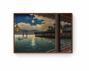 正田幸甫作「宮島の神門（月と鳥居）」木版画、ジクレー版画、世界遺産