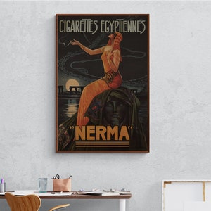 Antikes Vintage Zigaretten Egyptiennes Nerma Poster, Vintage 1920er Jahre Zigaretten kommerzielles Werbeplakat Leinwanddruck Wandkunst