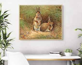 Antique Rabbits Painting, Wildlife Animal Art, Two Rabbits and Glass Land Archival Giclée Fine Art Print Wall Decor