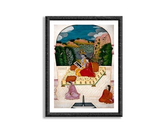 Indian Art, Indian God Illustration, Krishna And Radha Fine Art Print, Antique Old Vintage Art, Indian Art Print Canvas Wall Art Home Decor