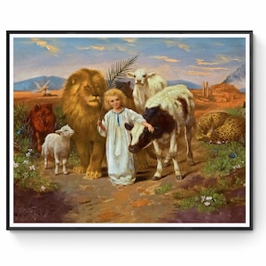 May include: A painting depicting a young girl in a white dress standing with a variety of animals, including a lion, a cow, a lamb, and a leopard. The animals are all peaceful and calm, symbolizing harmony and peace.
