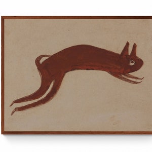 Brown Rabbit by Bill Traylor Canvas Wall Art, American Folk Art, Modern art, Natural, Naive, Simple, Minimal Painting, Bunny, Jumping Rabbit