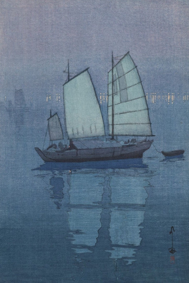 日本のアートプリント - 吉田博による夜の帆船 日本の木版画