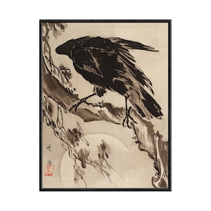 Antique Crow Painting Canvas Print, Crow Art Print, Crow And Moon, Nature Art Print, Animal Art Print, , Moon, Forest, Woodland, Night Art