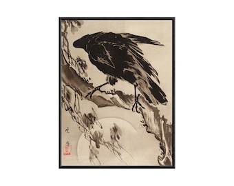 Toile ancienne corbeau et lune, art de la nature