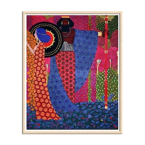 May include: A framed art print featuring a stylized illustration with figures in patterned robes. The artwork showcases a vibrant color palette of red, blue, and orange, with a black circular element. The print is set against a backdrop of pink and green foliage.