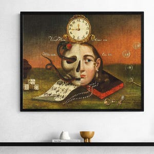 May include: Framed vintage-style artwork featuring a surreal composition. A skull is juxtaposed with a woman's face, adorned with a clock, snake, and jewelry. Dice, a book, and bubbles add to the enigmatic theme. The color palette is dominated by earthy tones.