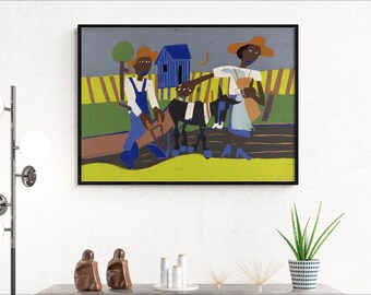 Sowing by William H. Johnson Reproduction Canvas Print for Home Decor, American Folk Style Farmer Sowing Art Wall Decor, Colorful Folk Art