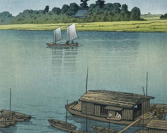 新版画 荒川川の雨の版画、ヴィンテージ日本風景画、川瀬巴水 雨の日