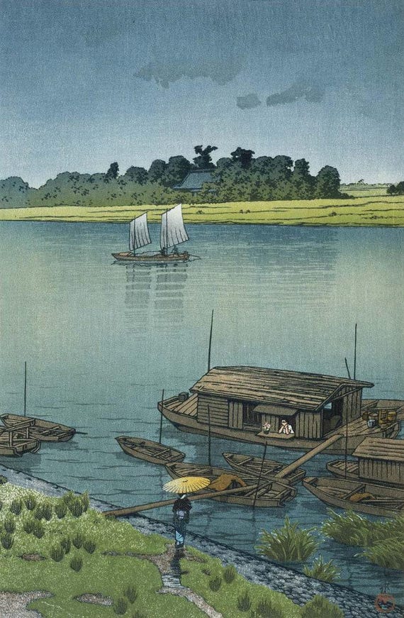 新版画 荒川川の雨の版画、ヴィンテージ日本風景画、川瀬巴水 雨の日