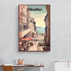Gibraltar Retro Reise Poster Leinwand Kunstdruck, Europa Reise Poster, Gibraltar Reise Poster, Gibraltar Post-Modern Travel Fine Art Frint