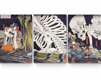 3 Panel Set Prints - Japanese Ukiyo e Woodstock Canvas Print In the Ruined Palace at Sôma by Utagawa Kuniyoshi Vintage Japanese Wall Art