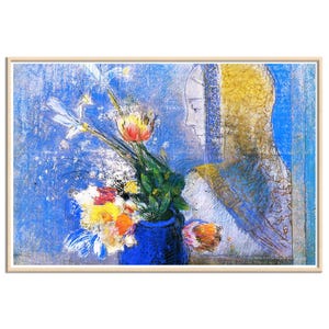 May include: An abstract painting featuring a blue vase filled with colorful flowers, including tulips and daffodils. A figure with a golden head covering is in the background. The artwork is framed in a light-colored wooden frame.