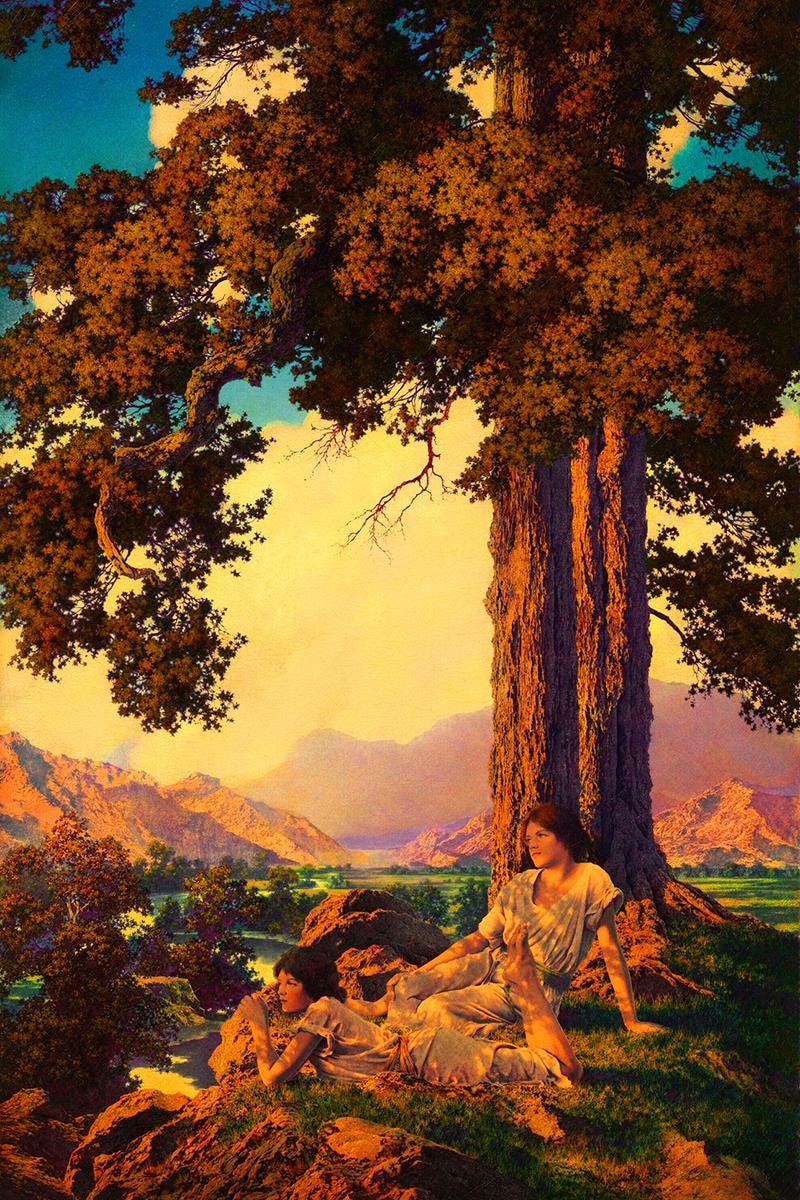 Hilltop by Maxfield Parrish, Tree Forest Wall Art, Mountains