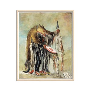 May include: A framed print of a person in a bear costume holding a spear and shield. The costume is brown and white with red accents. The person is wearing black pants and red shoes. The background is a muted green and blue.