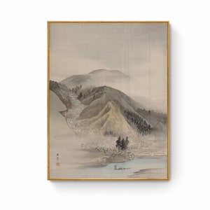 Japanese Lake and Hill Landscape Print, Oriental Asian Landscape Ink Watercolor Sumi E Painting Japanese Ink Painting Wall Art Canvas Print