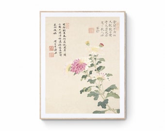 Chinoiseriekunstdruk, vintage Chinese chrysanteninkt, chinoiserie bloemenkunst aan de muur canvasprint