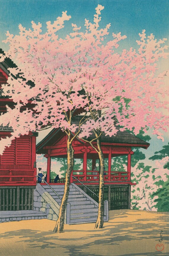 川瀬巴水清水堂の版画、日本の桜の花を描いた木版画｜日本の壁掛け