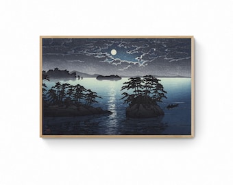 Lienzo impreso de Kawase Hasui - Paisaje marino japonés a la luz de la luna en la isla de Futago / Arte mural japonés / Impresión Ukiyo-e
