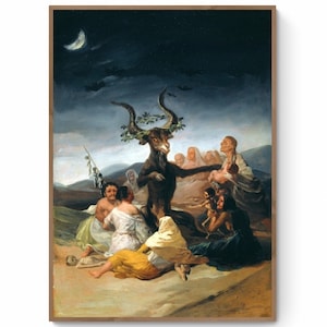 Puede incluir: Una pintura que representa una figura oscura y cornuda con una corona de hojas, rodeada de personas en un paisaje. La escena está iluminada por una luna creciente en el cielo nocturno.