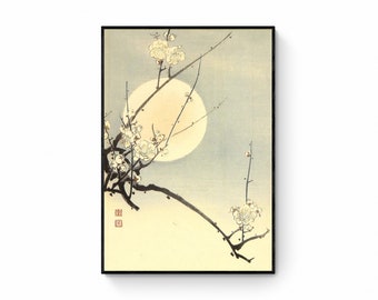 Japanese blossom and moon art print | floral print | japanese art | art print | botanical art | flower art | canvas wall art | vintage art