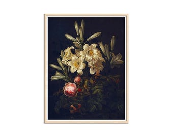 Pintura floral oscura y melancólica, pintura de flores góticas, arte botánico antiguo, arte oscuro, impresión en lienzo de pintura simbólica