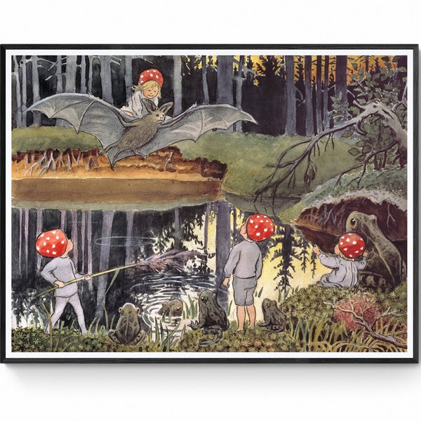 Nursery Canvas Wall Art - Tomtebobarnen Illustrated by Elsa Beskow, Little boy art print, Little Boy with Strawberry Hat Riding Bat