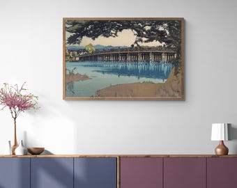 Japanese Art Print, Seta Bridge, Woodblock Style, Cherry Blossom Scene (Canvas Print)