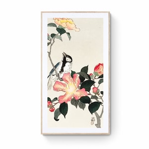 Japanese colorful bird and flower floral Print, Japandi Ink Watercolor Sumi E Painting Japanese Ink Painting Wall Art
