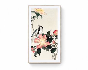 Japanese Bird and Flower Canvas Print, Sumi E Painting