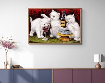 Cuadro de gatos vintage: Gatitos festines: Encantadora ilustración de gatos blancos, reproducción de arte animal antiguo, escena juguetona.